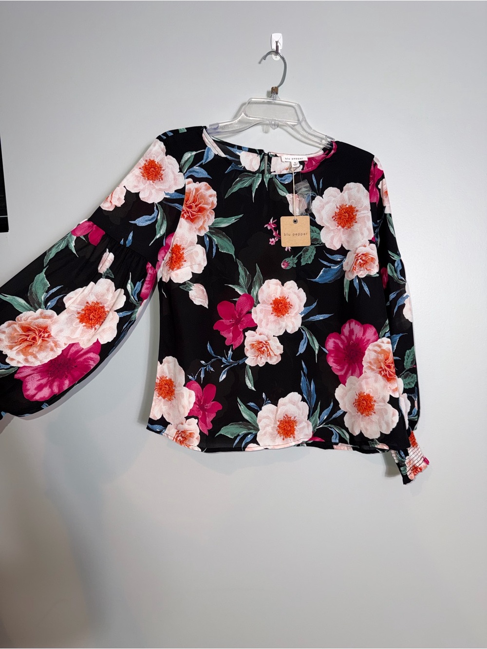 Blu Pepper Black Floral Long-Sleeve Blouse with Pink & Peach Blooms